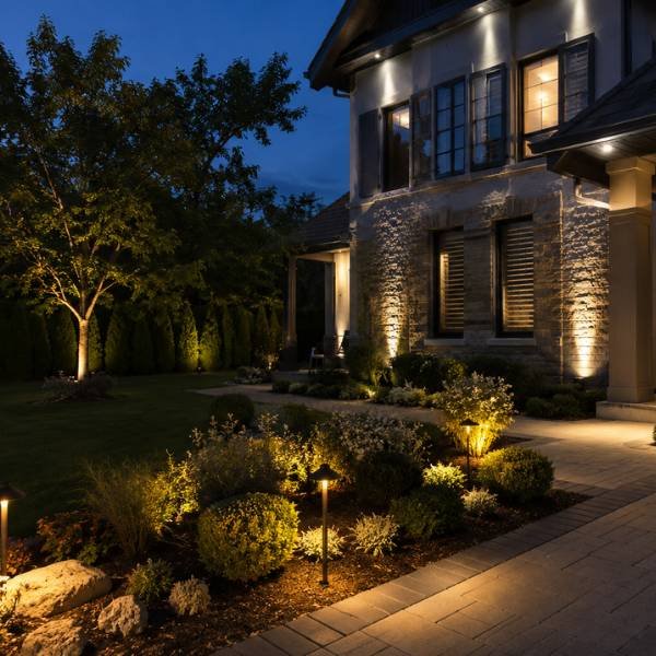 Landscape lighting highlighting shrubs, stonework, and a home exterior